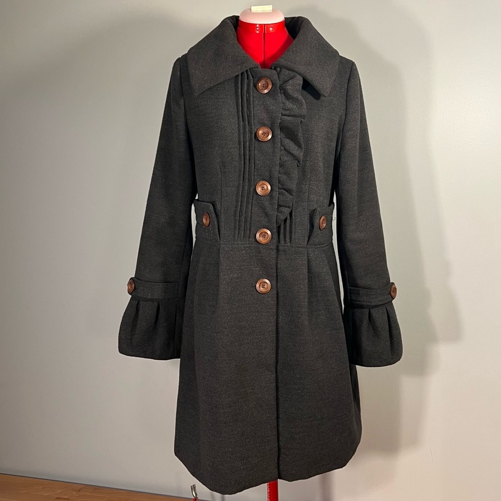 Long Grey Coat with button detail and front frill - L
